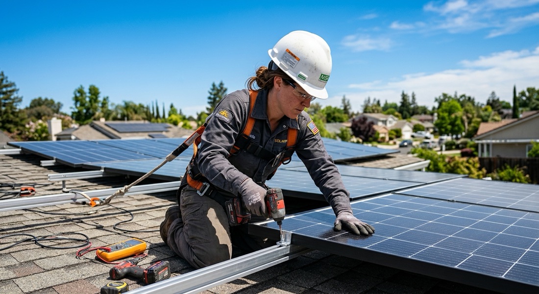 Monteur installiert ein Solarmodul auf dem Dach